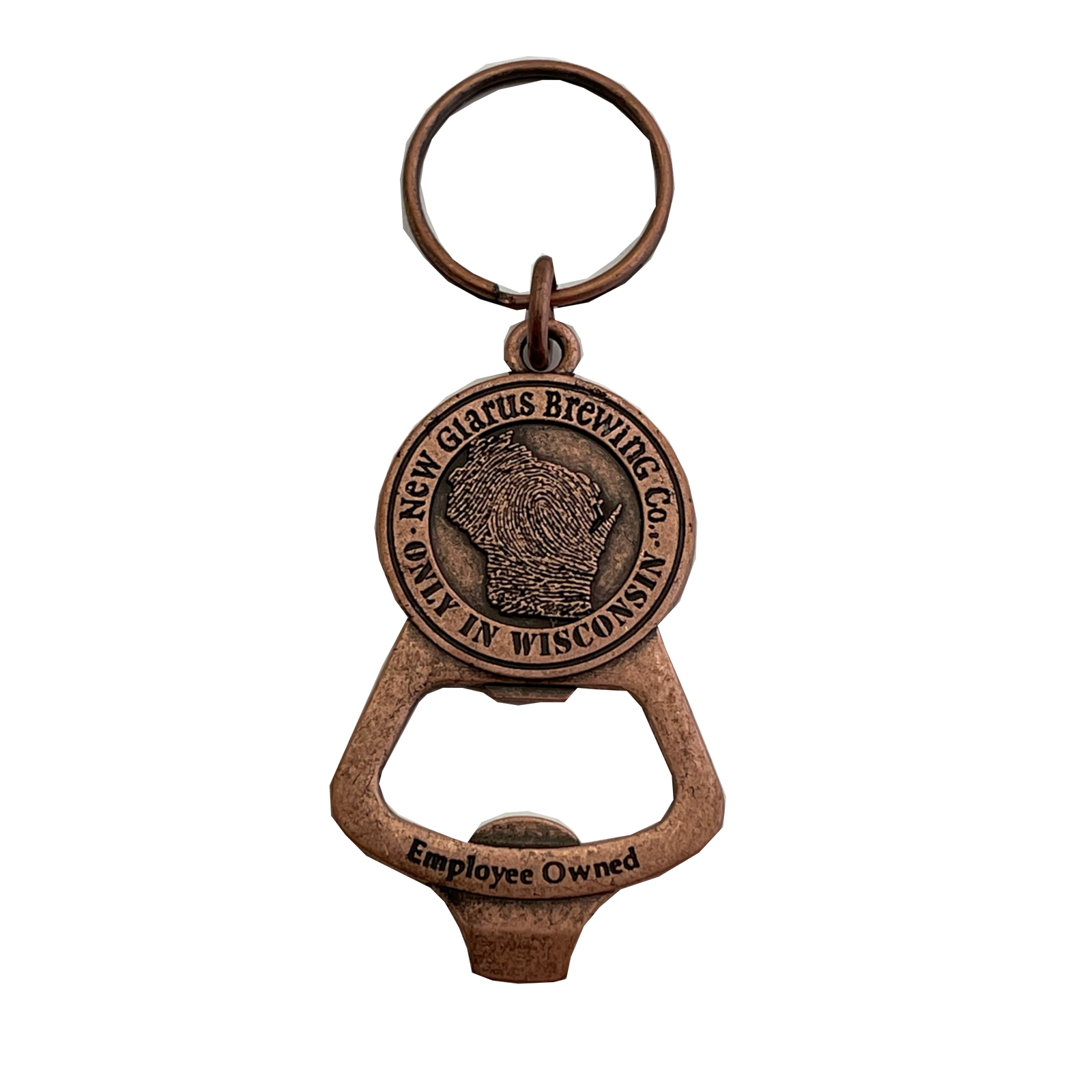 Copper colored keychain opener with the New Glarus Brewing Co. Only in Wisconsin circle logo surrounding the state of Wisconsin.