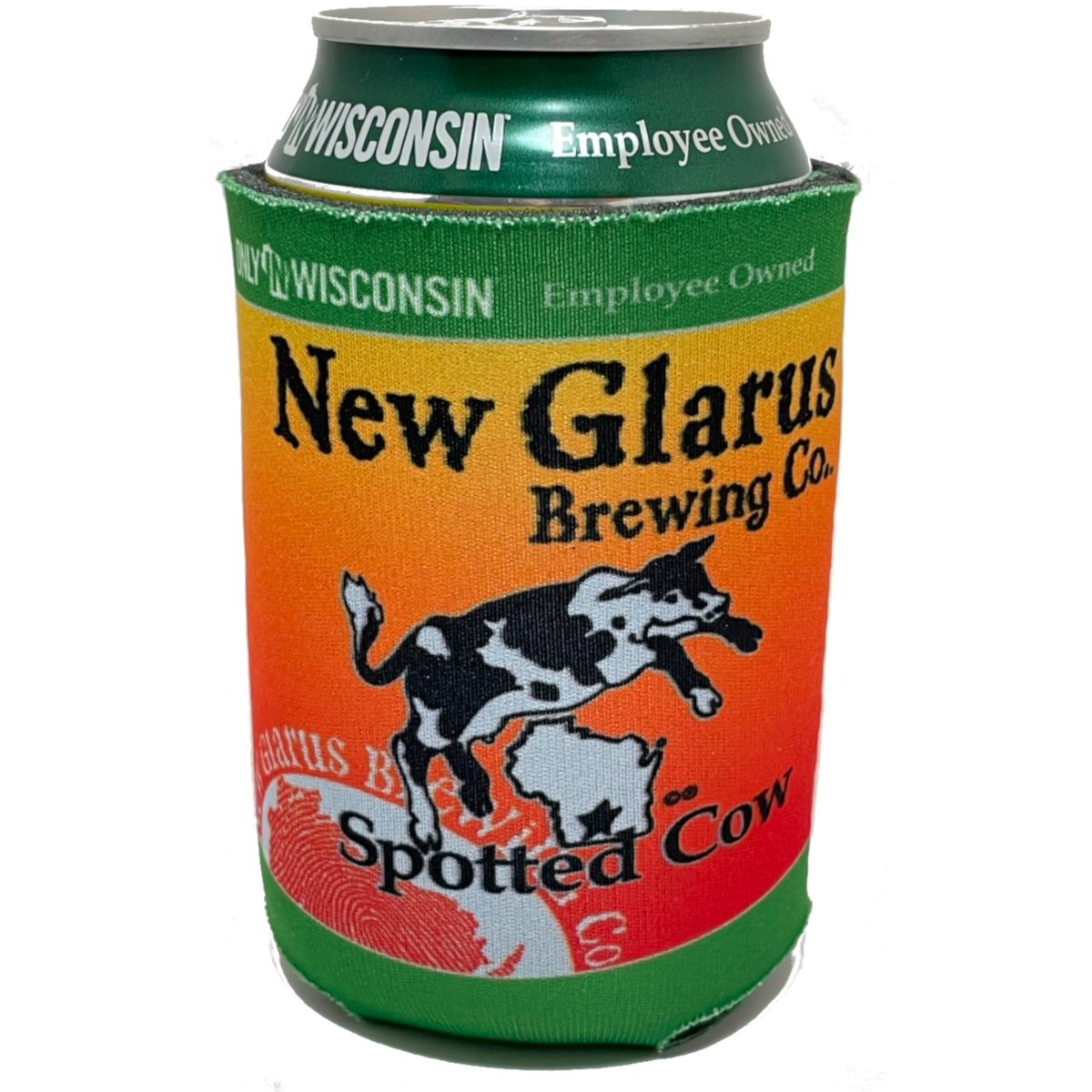Can coozie with Spotted Cow logo on front with orange/yellow background and green borders.
