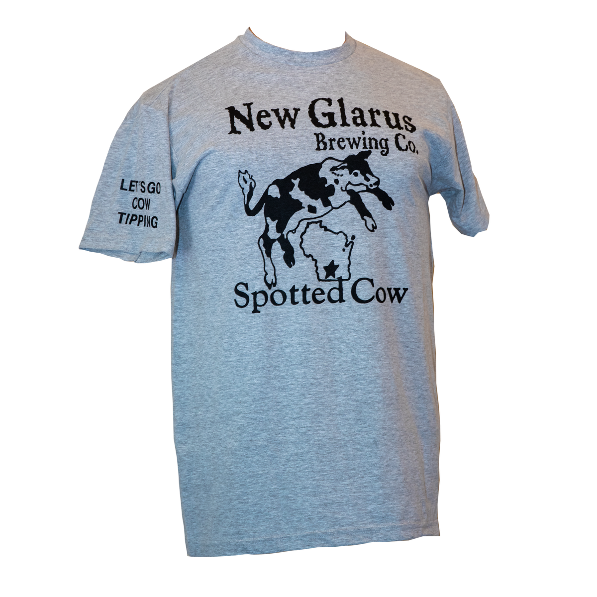 Gray t-shirt with New Glarus Brewing Co. Spotted Cow logo in black ink on the front and Let&#39;s Go Cow Tipping on the sleeve.
