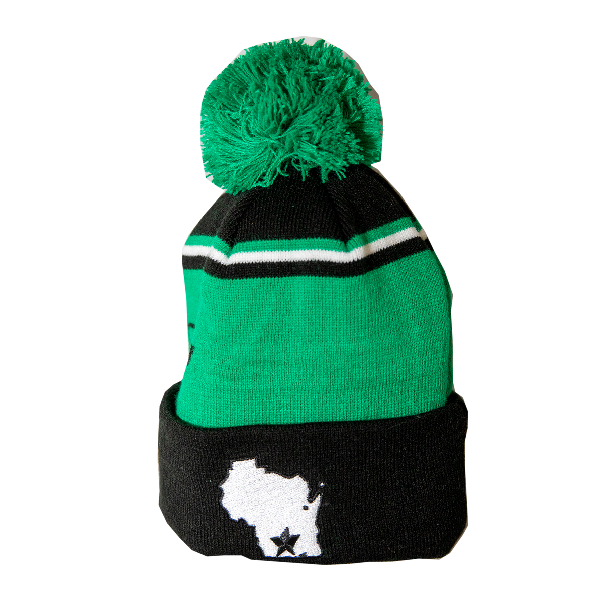 Back side of a green and black stocking hat with the state of Wisconsin outlined on  it.