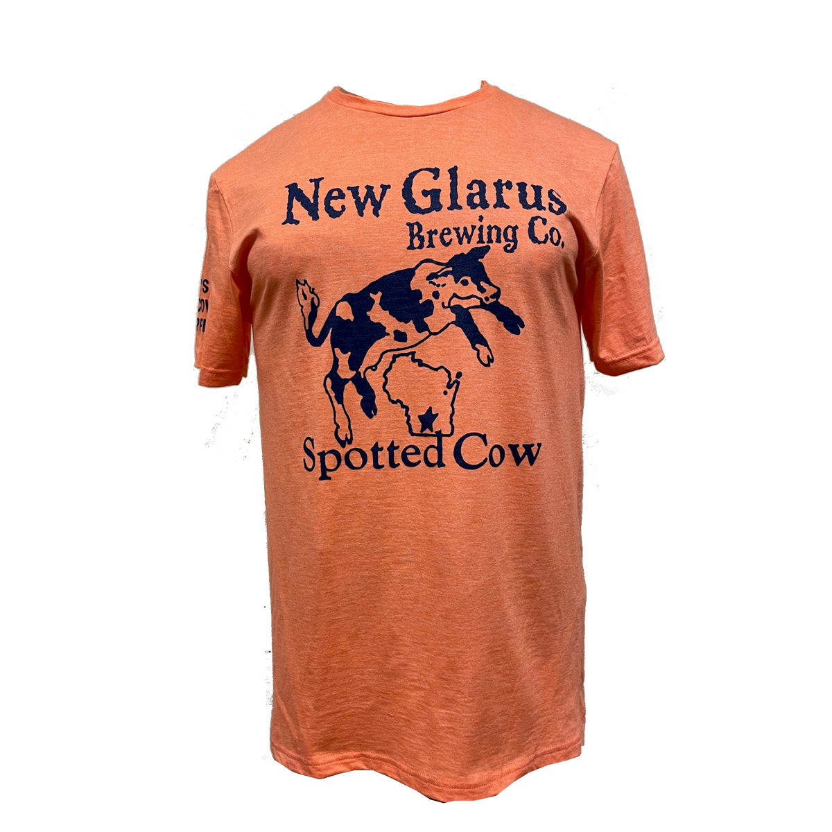 Heather orange t-shirt with New Glarus Brewing Co. Spotted Cow logo in navy ink on the front.