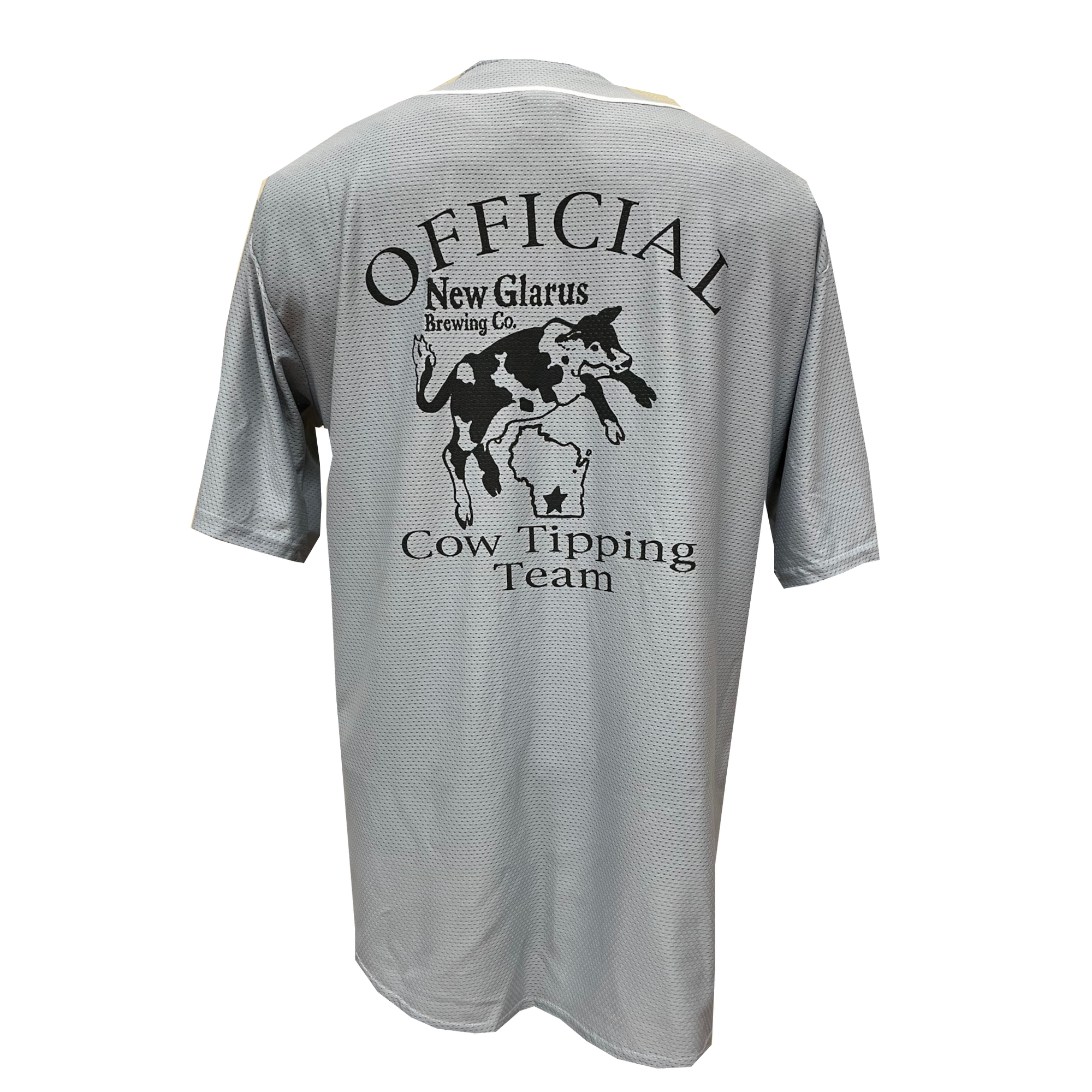Light grey baseball jersey with Official Cow Tipping Team with the Spotted Cow logo on the back in black.
