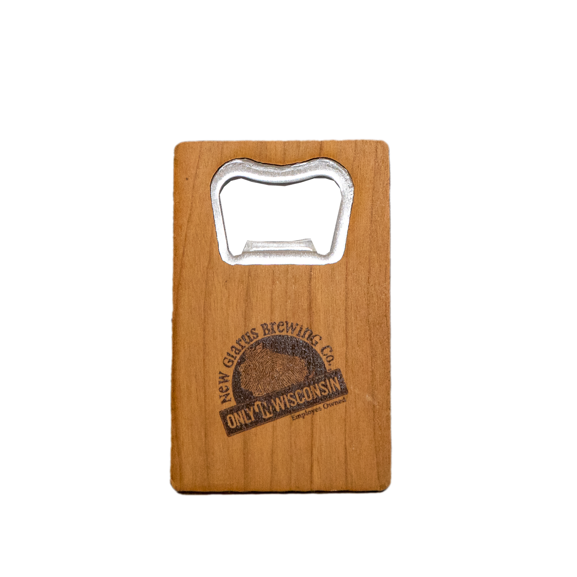 Credit Card shaped wooden bottle opener with a burnt etching of the New Glarus Brewery logo on front 