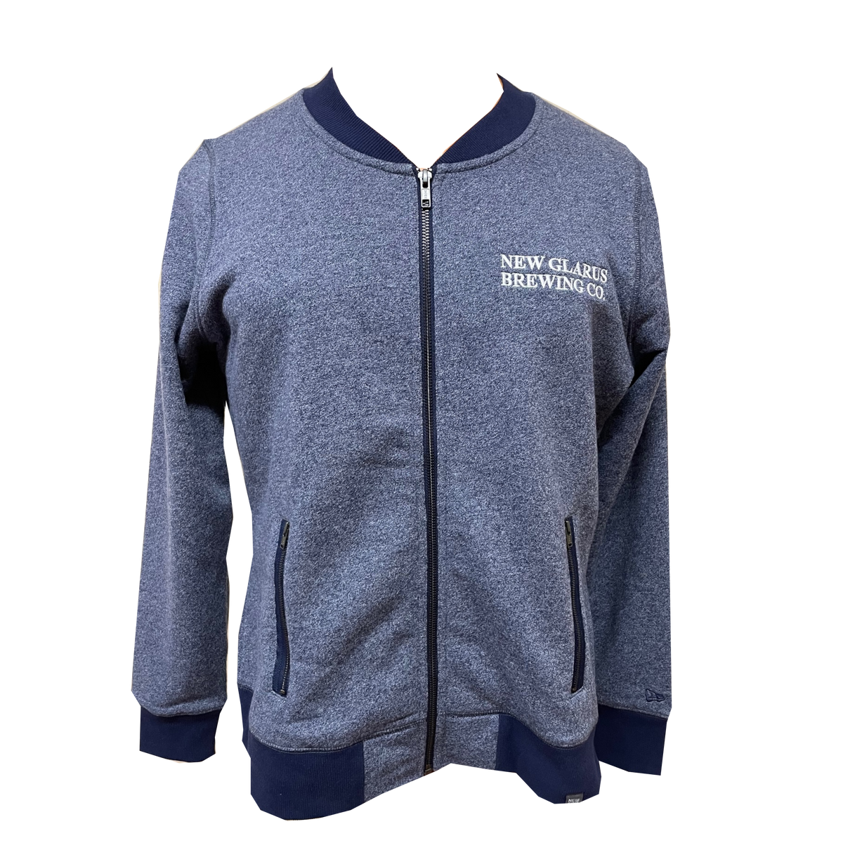 Blue Full zip jacket with darker blue knit cuffs, collar and waist band. Features New Glarus Brewing Co. embroidered in white on the front left chest.