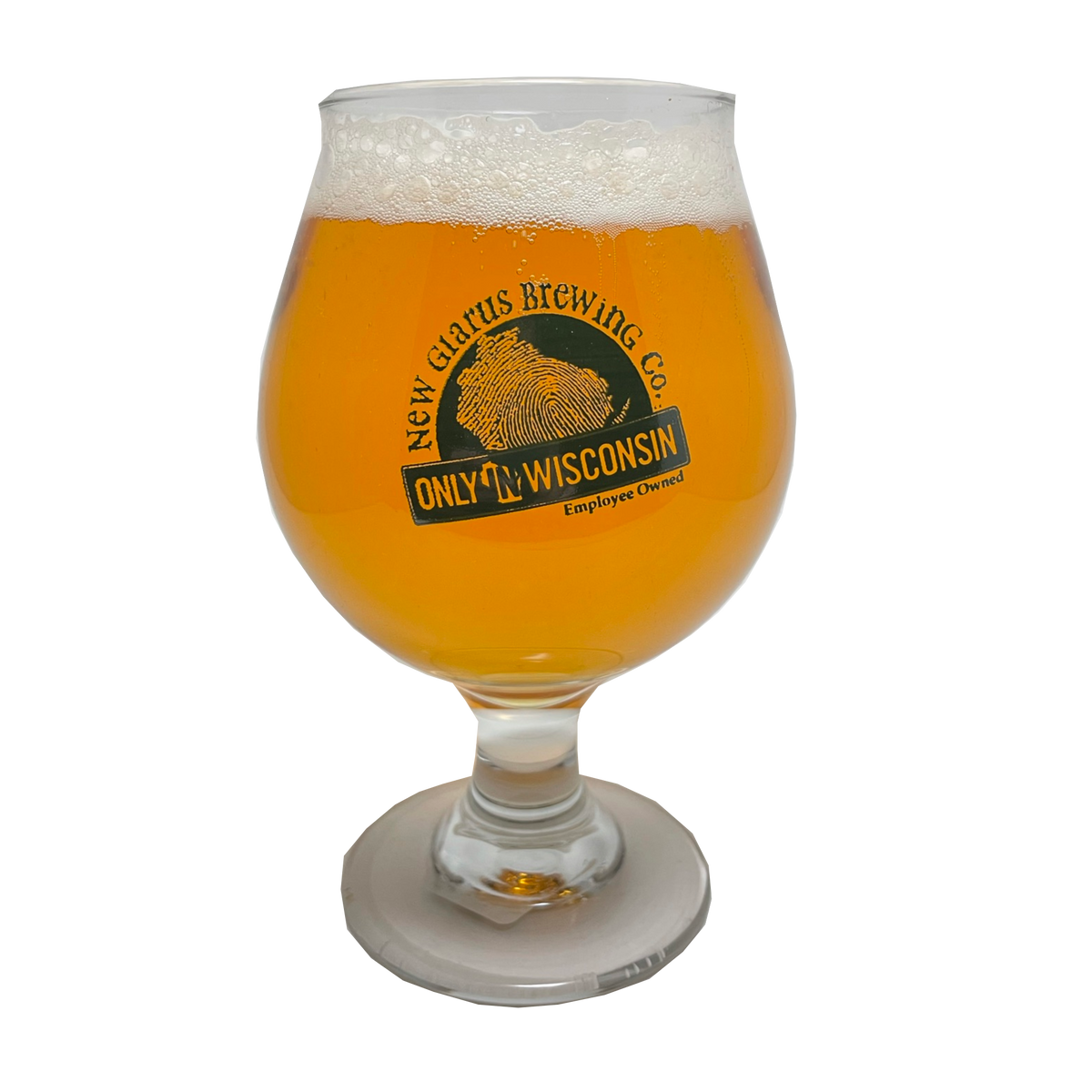 16oz. stemmed goblet glass with New Glarus Brewing Co.&#39;s Only in Wisconsin logo in green.