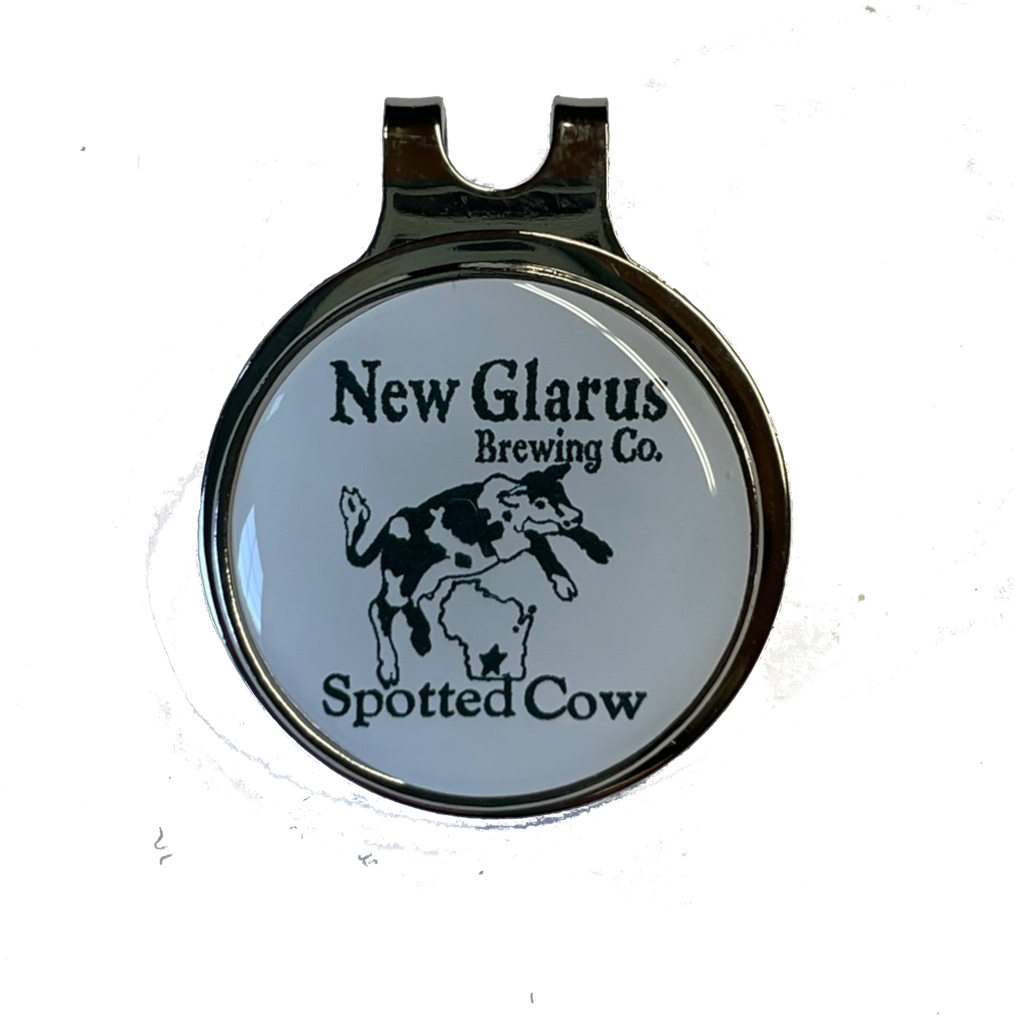 Circular white golf ball marker with the Spotted Cow logo on the front. Comes with a silver backing clip.