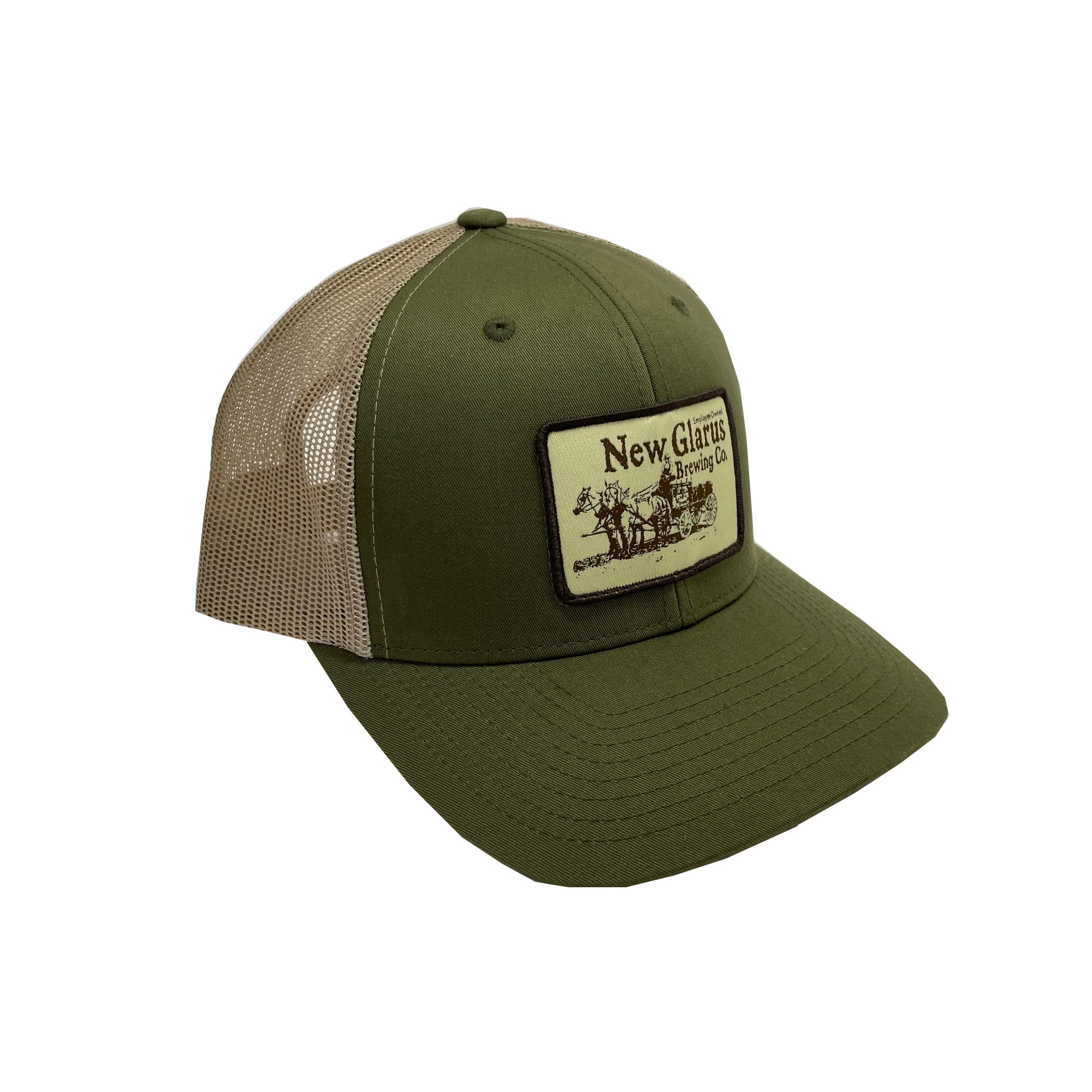 Sage green hat with beige mesh back and a rectangular patch with a Horse and Wagon New Glarus Brewing Co. logo.