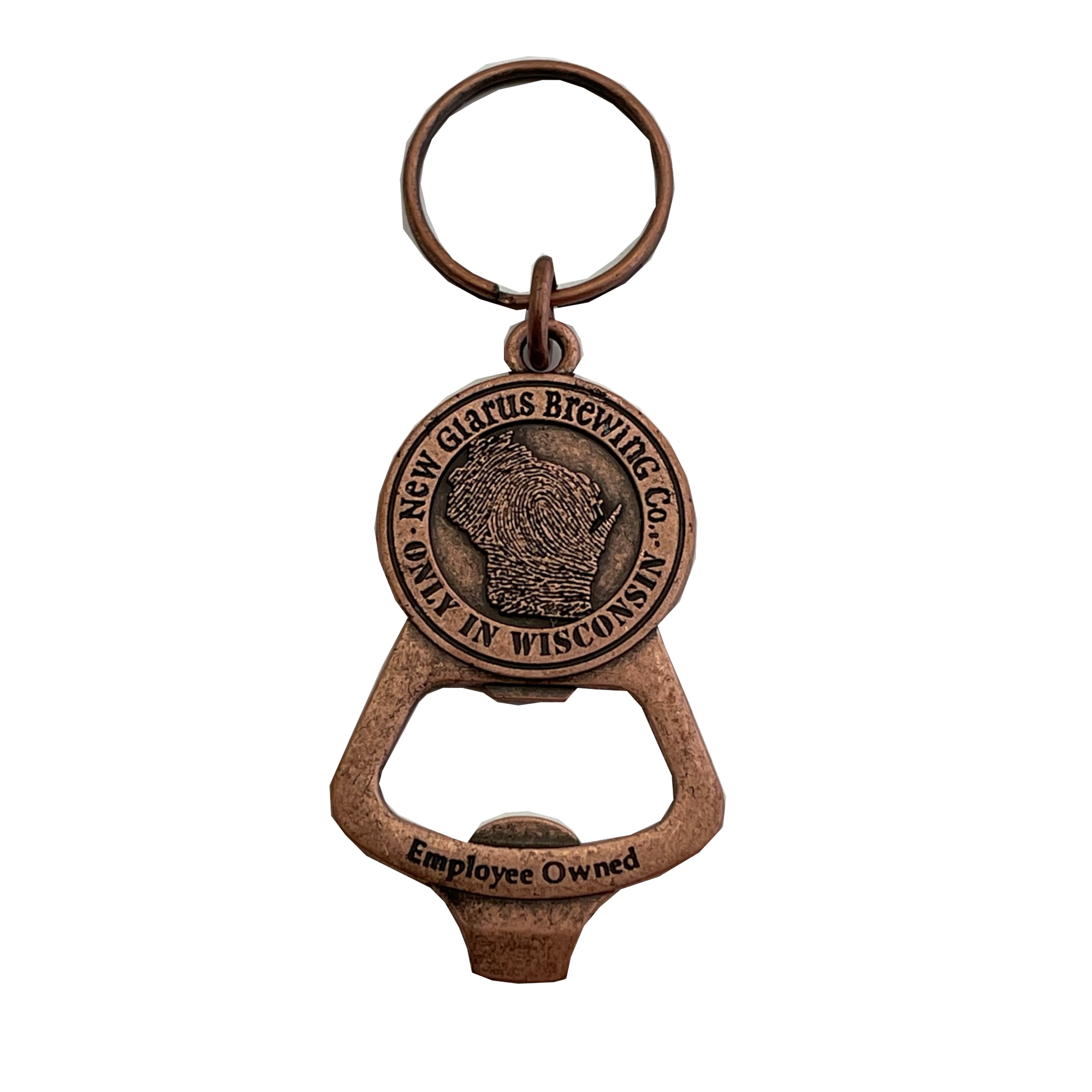 Copper colored keychain opener with the New Glarus Brewing Co. Only in Wisconsin circle logo surrounding the state of Wisconsin.