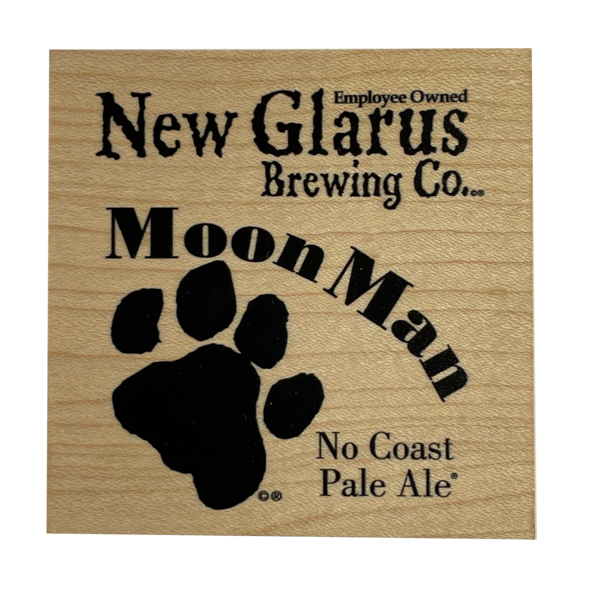 Square wooden coaster with New Glarus Brewing Co. Moon Man logo on front with bottle opener on the back.