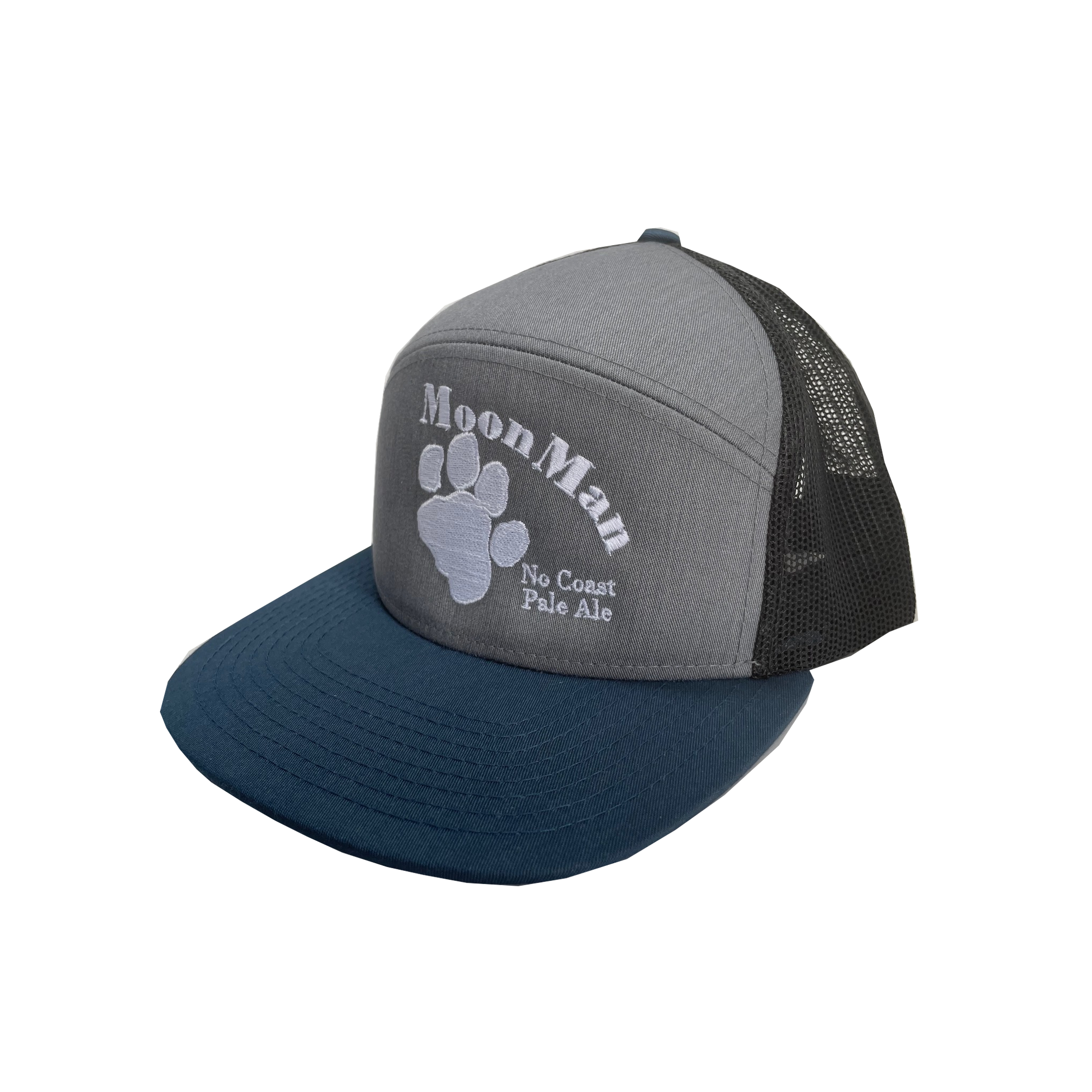 Flat brim snap back hat with Moon Man  logo. Tri-color gray, black  and blue with silver lettering