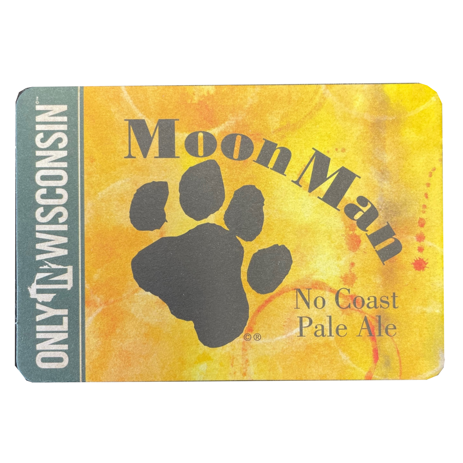 Yellow colored postcard that has the Moon Man beer logo in black and the on the left side is green colored background with only in Wisconsin in white.  