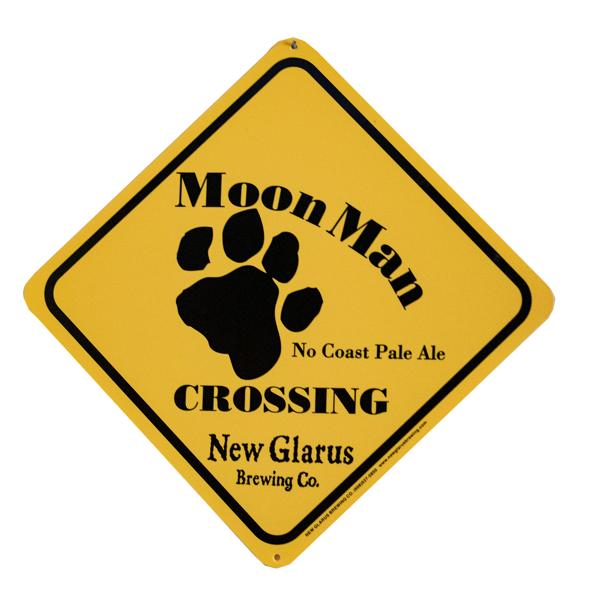 Bright yellow crossing sign with Moon Man logo in black ink.