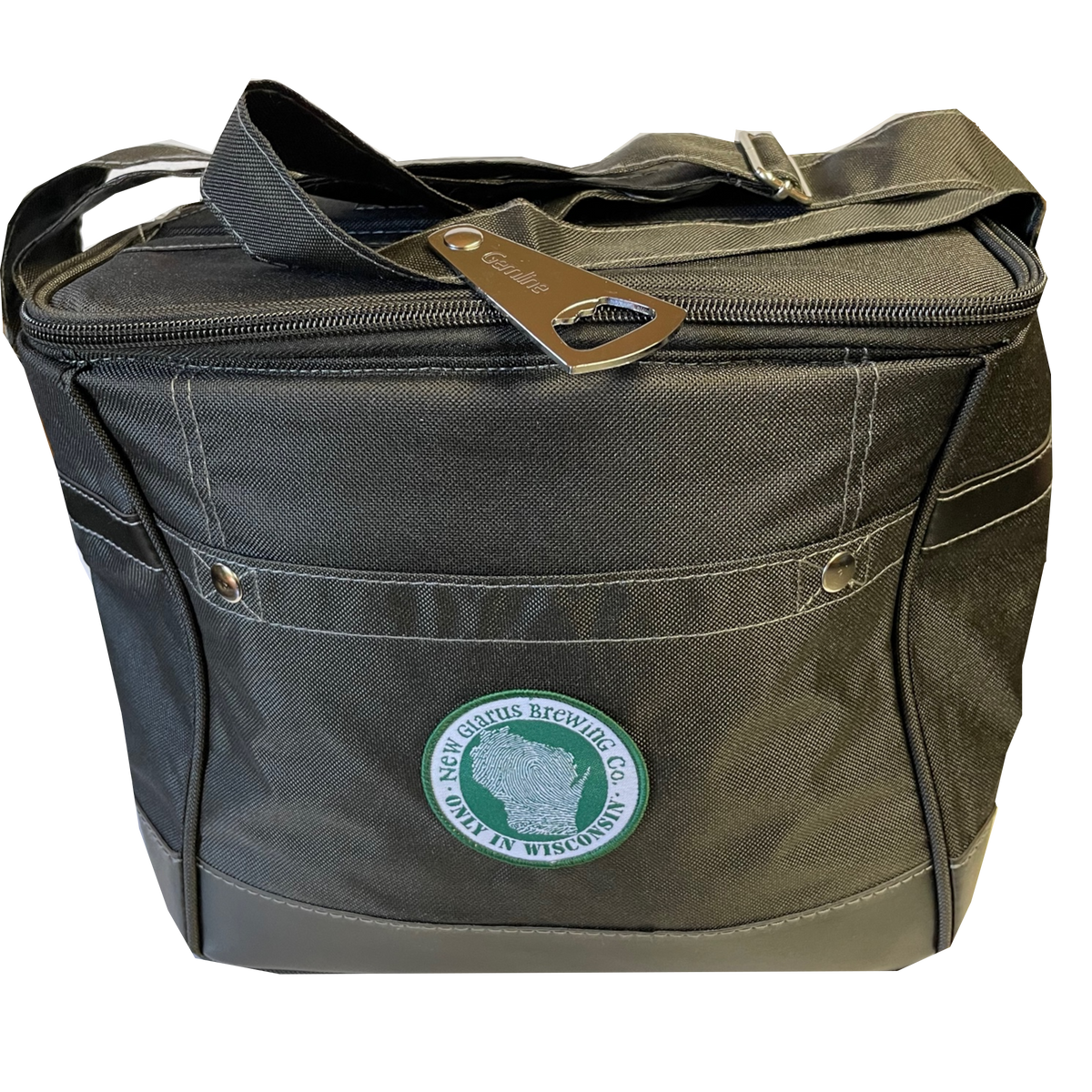 Black soft cooler with removable or collapsible 12 bottle divider, adjustable strap with bottle opener. New Glarus Brewing Co. Only in Wisconsin circle logo on front in green and white.