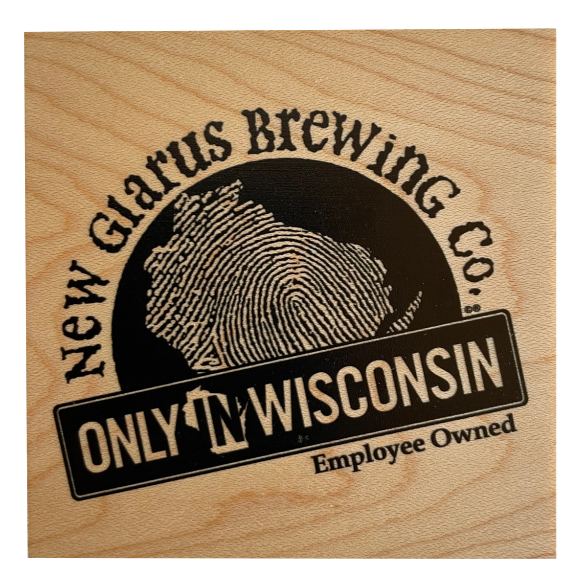 Square wooden coaster with New Glarus Brewing Co. Only in Wisconsin logo on front with bottle opener on the back.