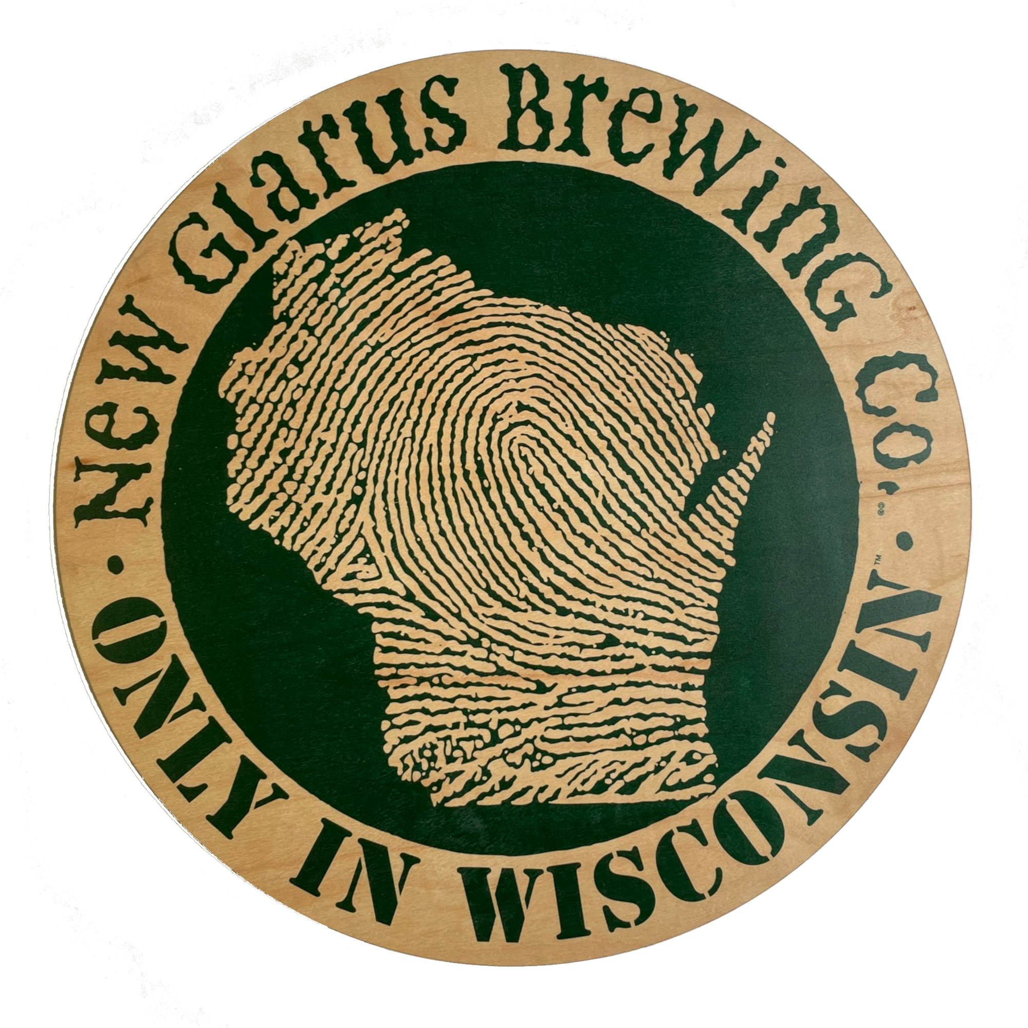 Round wooden sign with New Glarus Brewing Co. Only in Wisconsin logo on front in green