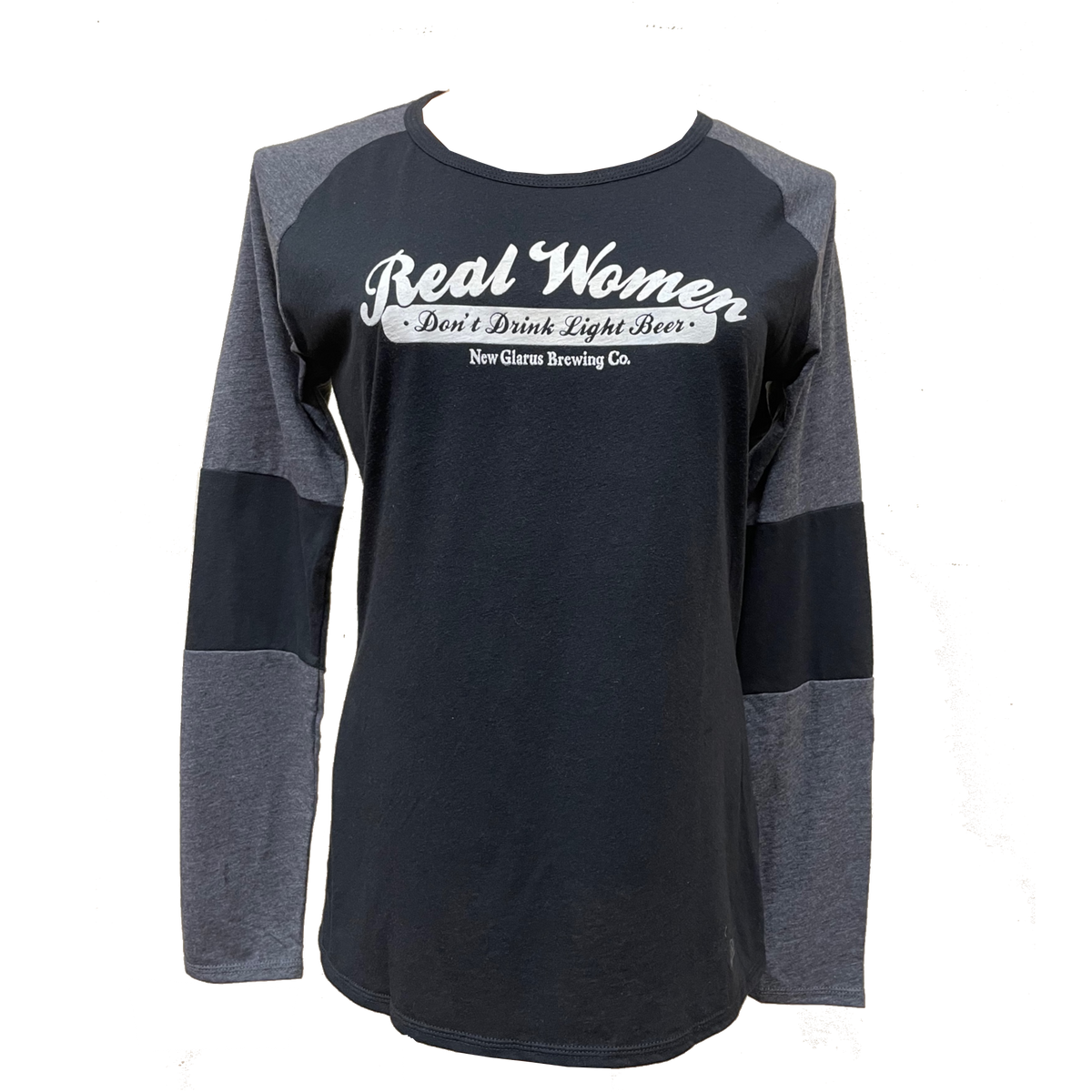 Long sleeve black baseball t-shirt with grey sleeves and Real Women Don&#39;t Drink Light Beer, New Glarus Brewing Co. in white on the front.