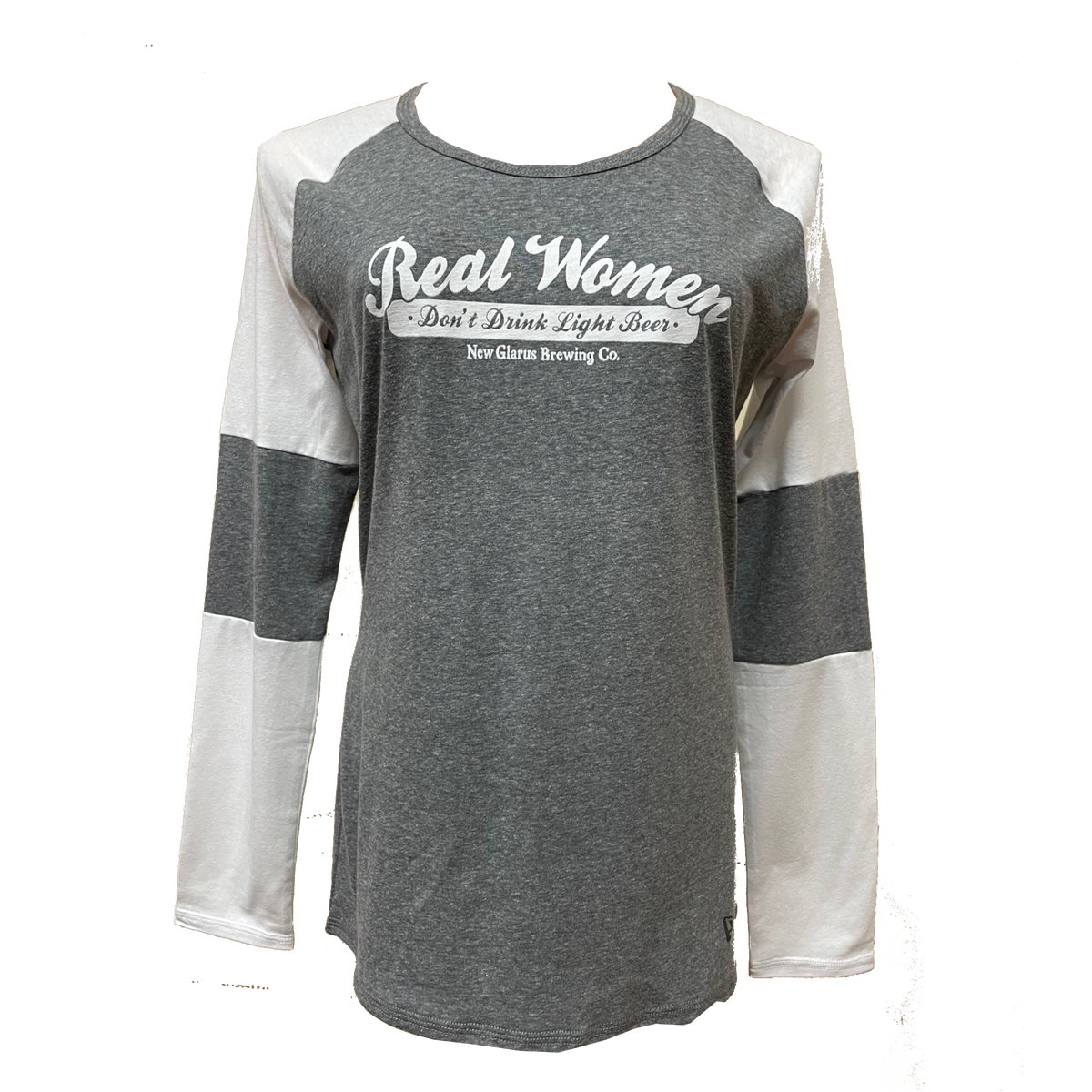 Long sleeve grey baseball tee with white sleeves and Real Women Don&#39;t Drink Light Beer, New Glarus Brewing Co. in white on the front.