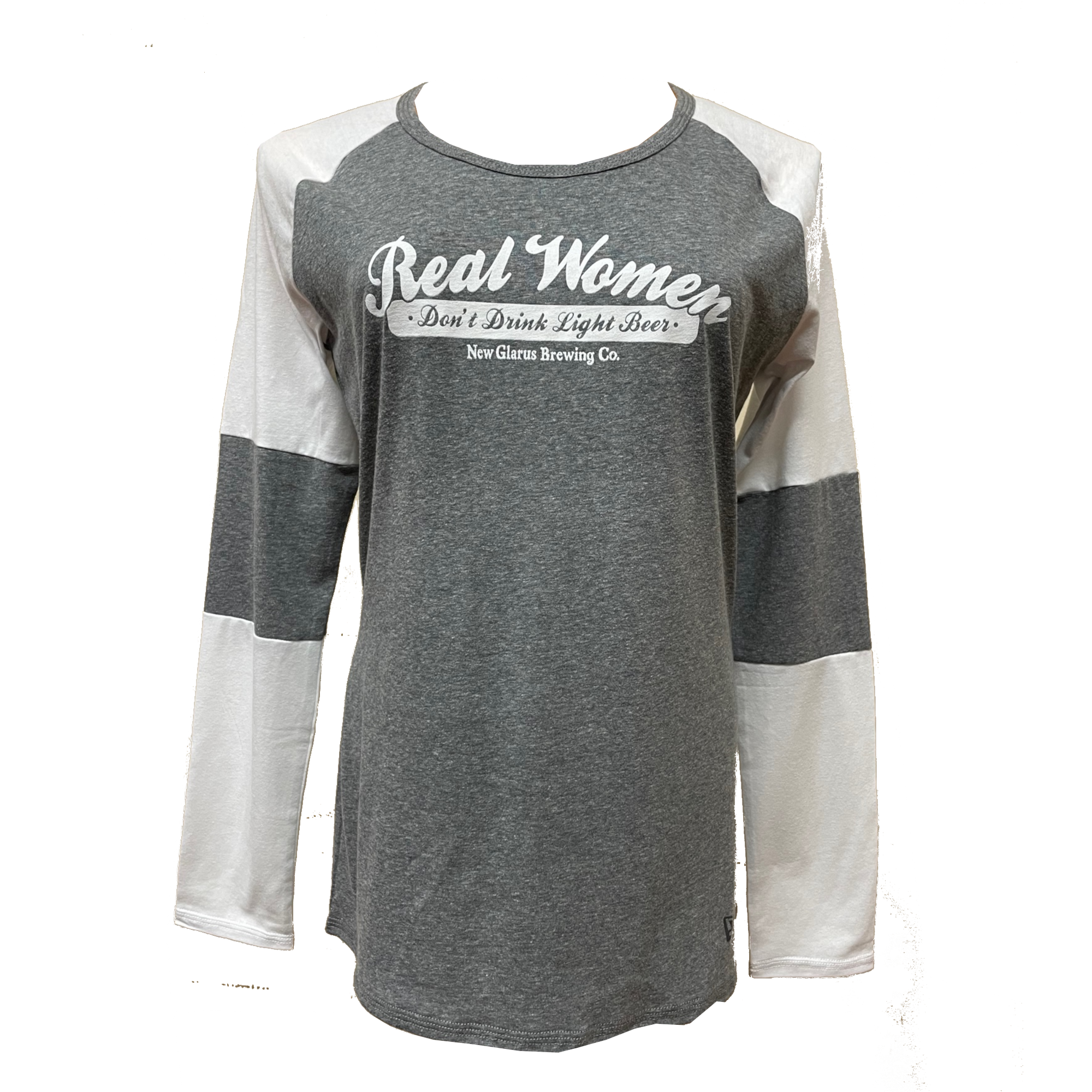 Long sleeve grey baseball tee with white sleeves and Real Women Don't Drink Light Beer, New Glarus Brewing Co. in white on the front.