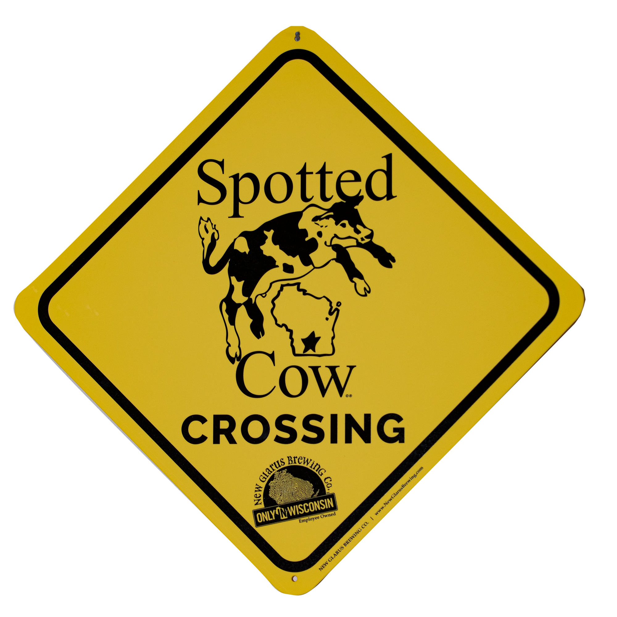 Bright yellow crossing sign with Spotted Cow logo in black ink.