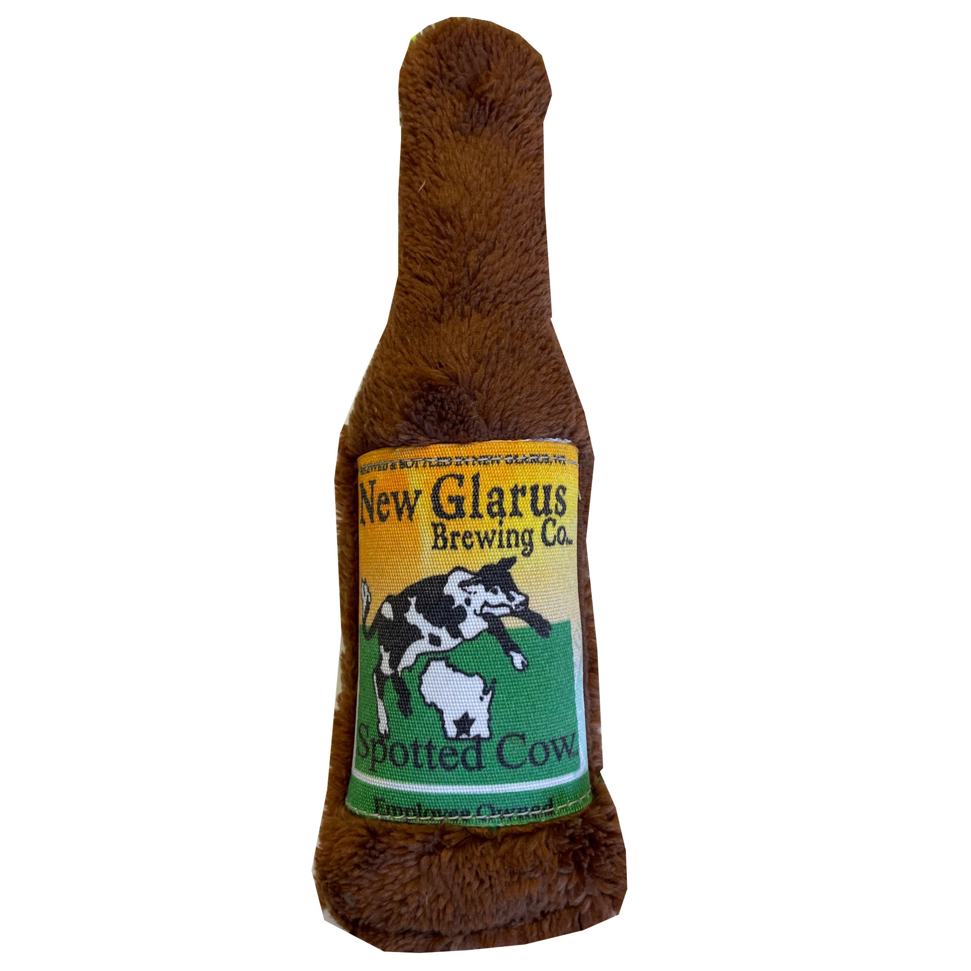 Brown plush dog toy in the shape of a bottle of beer with the Spotted Cow logo on the front.