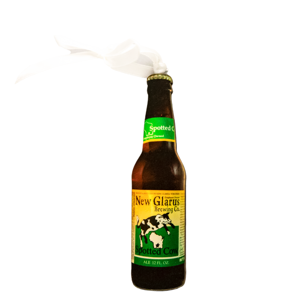 Wooden shaped bottle ornament with white ribbon nd Spotted Cow logo 