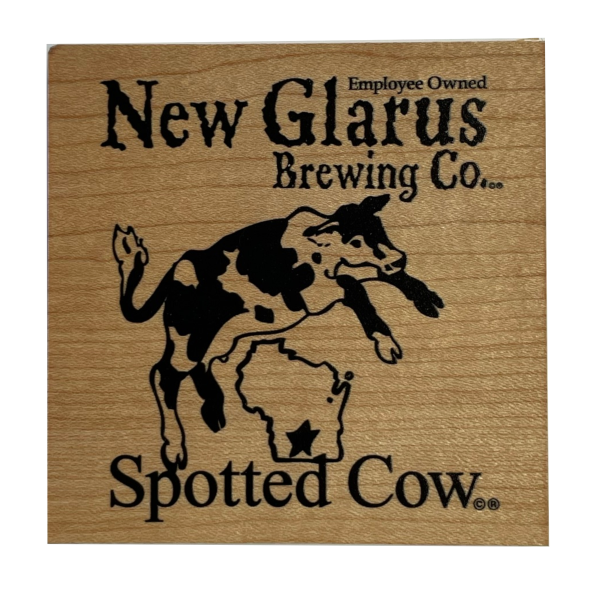 Square wooden coaster with New Glarus Brewing Co. Spotted Cow logo on front with bottle opener on the back.