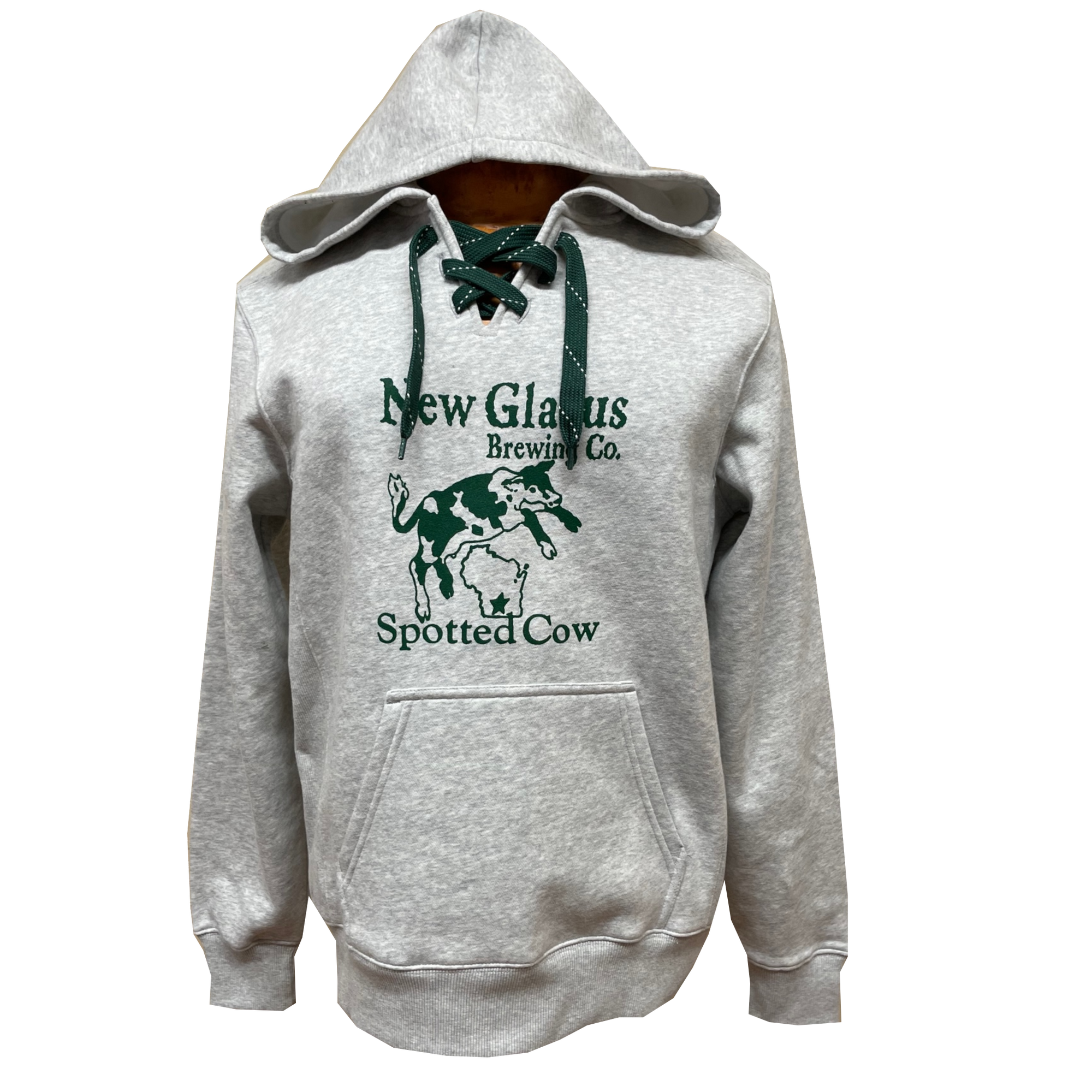 Athletic Gray hockey hoodie with Forrest green laces and New Glarus Brewing Co. Spotted Cow logo on front in Forrest green. 