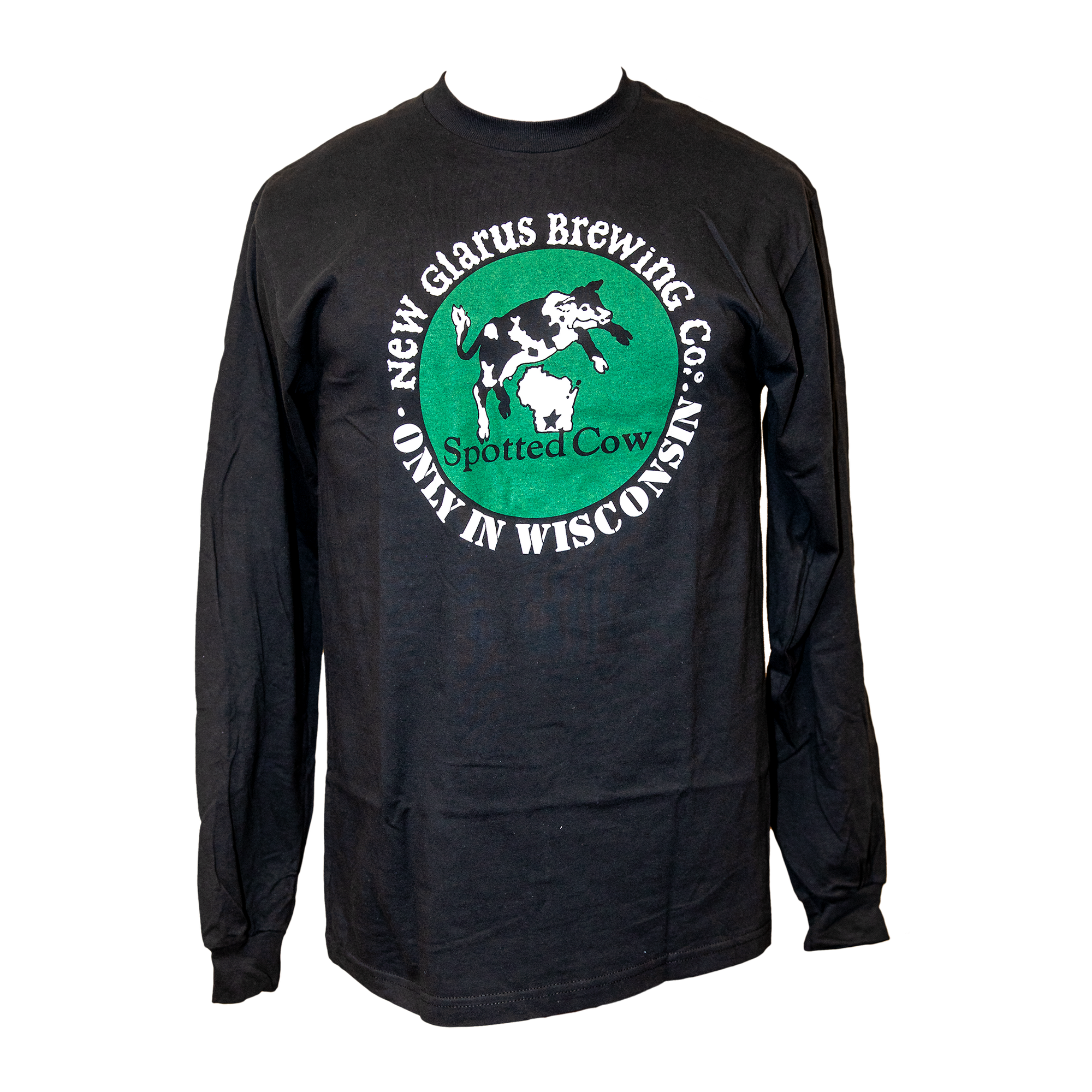 Long sleeve black hammer T, with New Glarus Brewing Co. Only in Wisconsin logo in white. And the Spotted Cow circle logo on front.