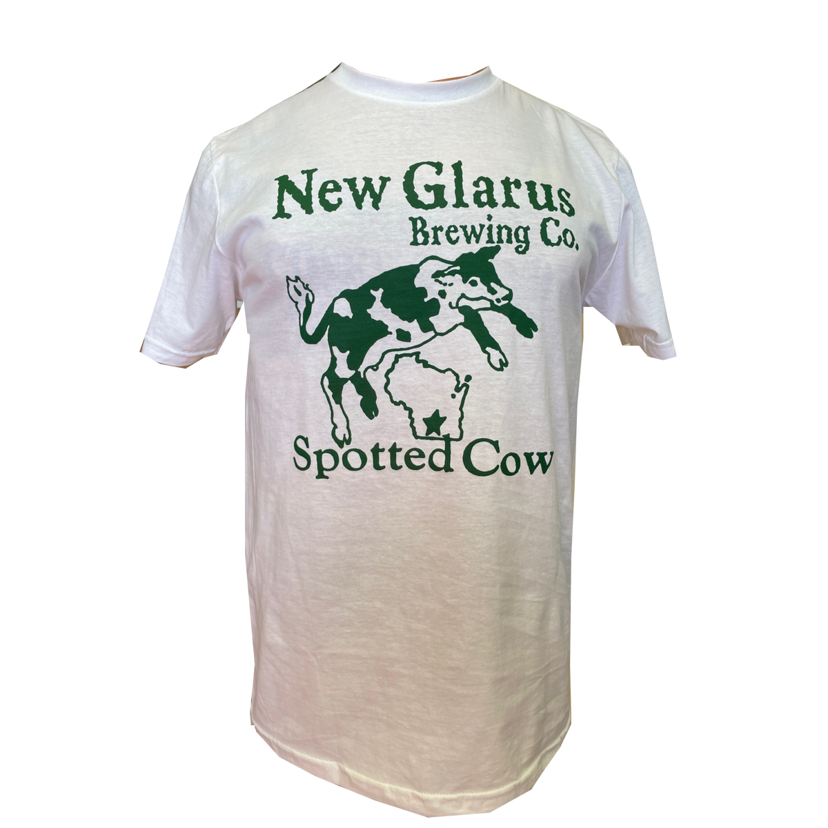 White t-shirt with the Spotted Cow logo in green ink on the front.