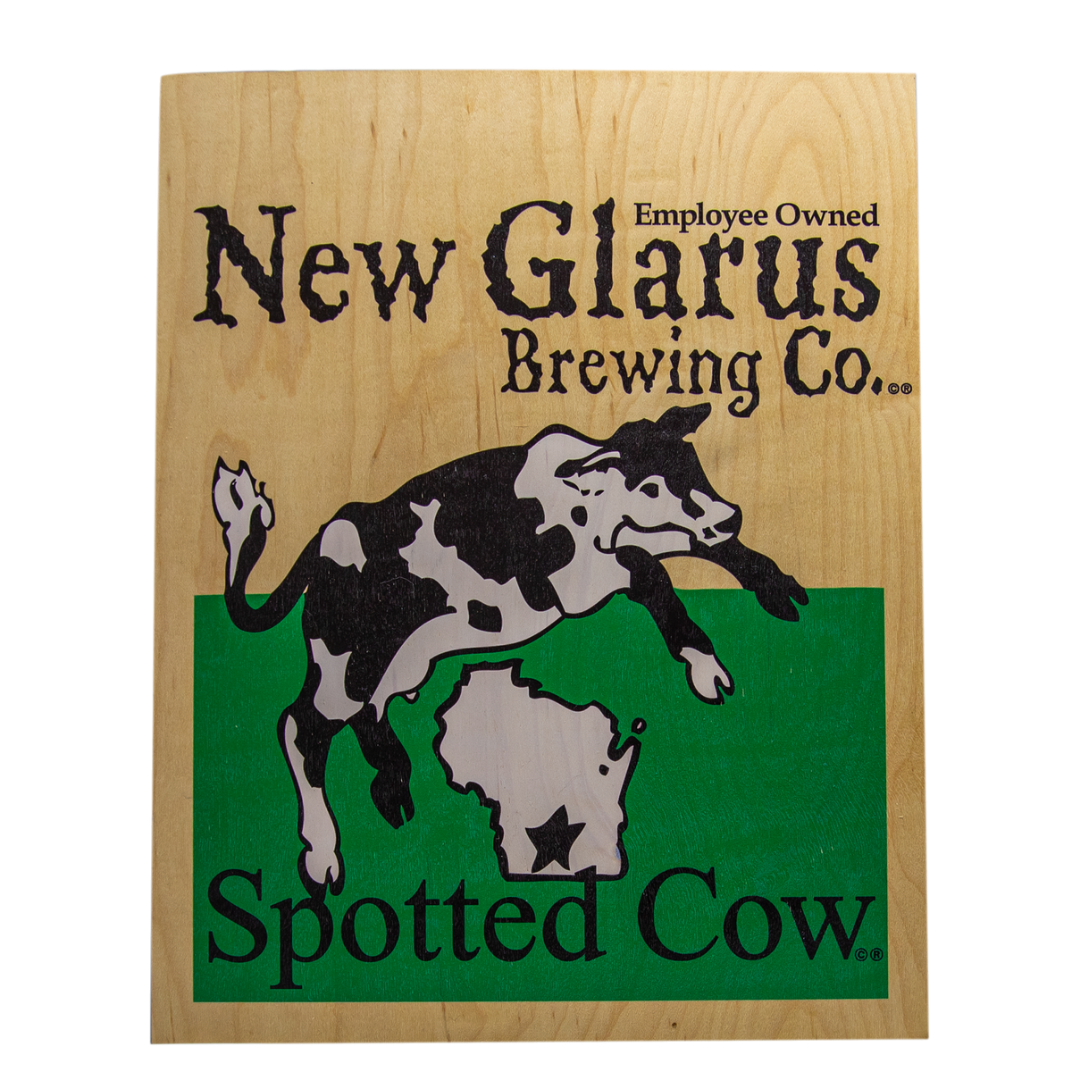 Rectangular wooden sign with New Glarus Brewing Co. Spotted Cow logo on the front