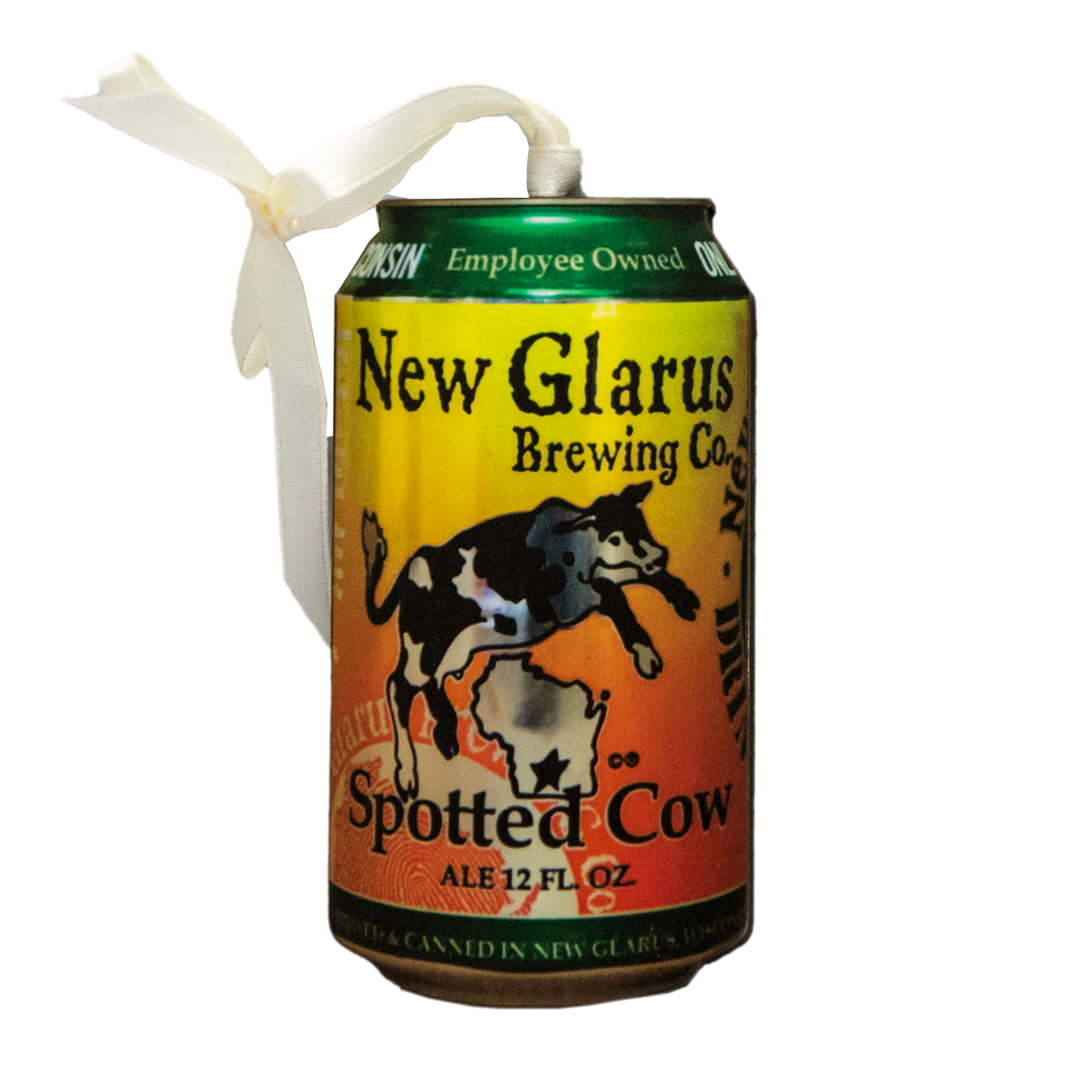 Wooden can shaped bottle ornament with white ribbon and the Spotted Cow logo