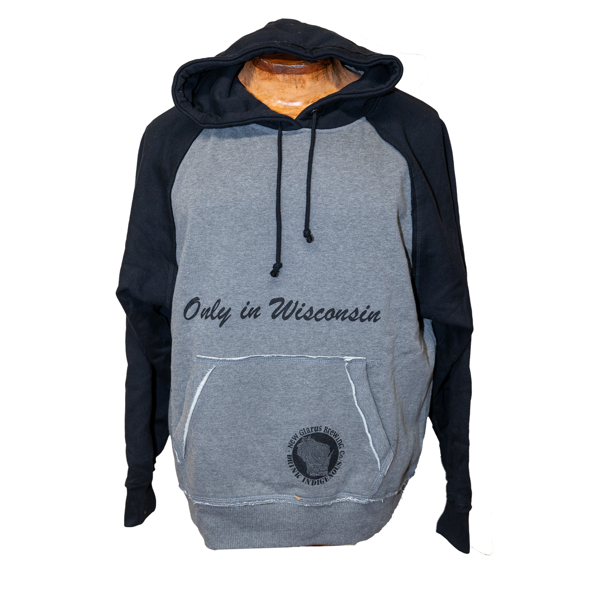 Front of our Staghorn Sweatshirt with black hood and sleeves and gray body with Only in Wisconsin across the front with our circle logo on the front pocket.