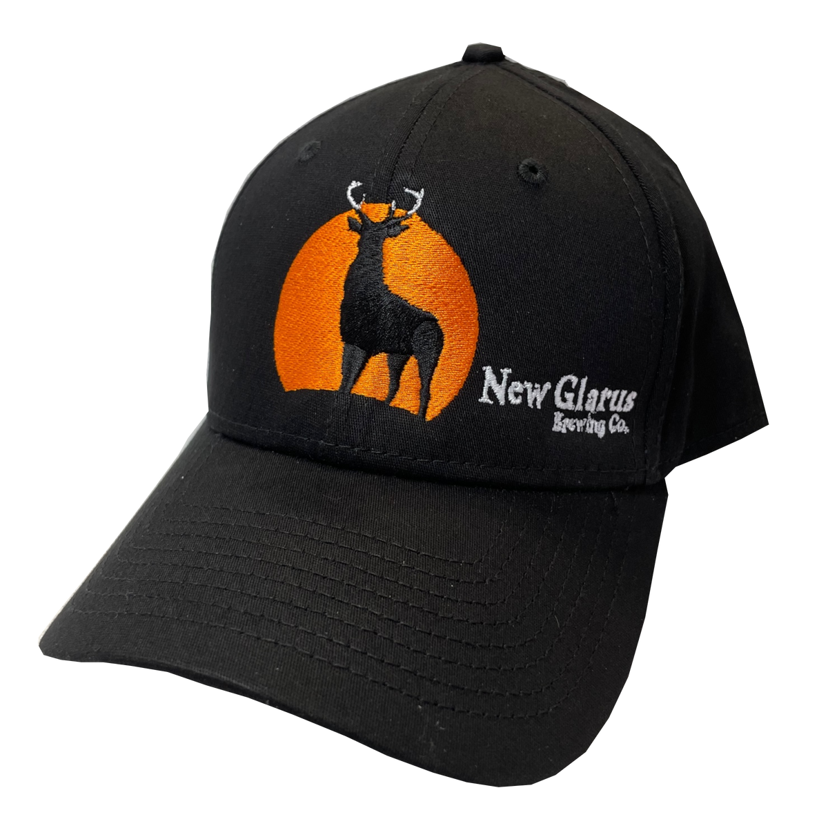 Black hat with orange and black Staghorn logo and New Glarus Brewing Co. in white.