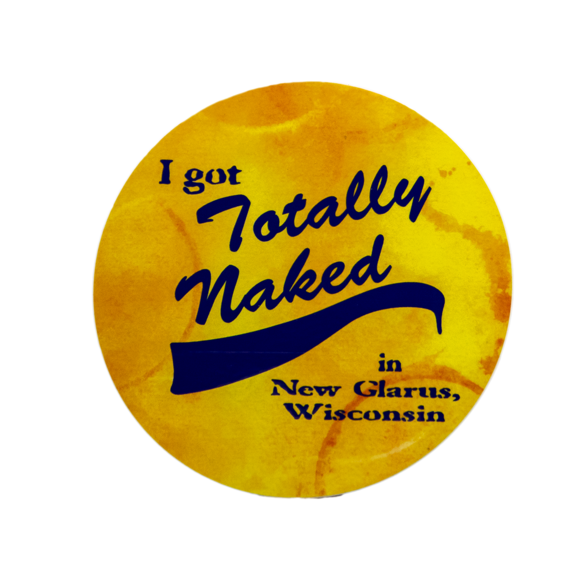 Round yellow sticker with New Glarus Brewing Co. Totally Naked logo