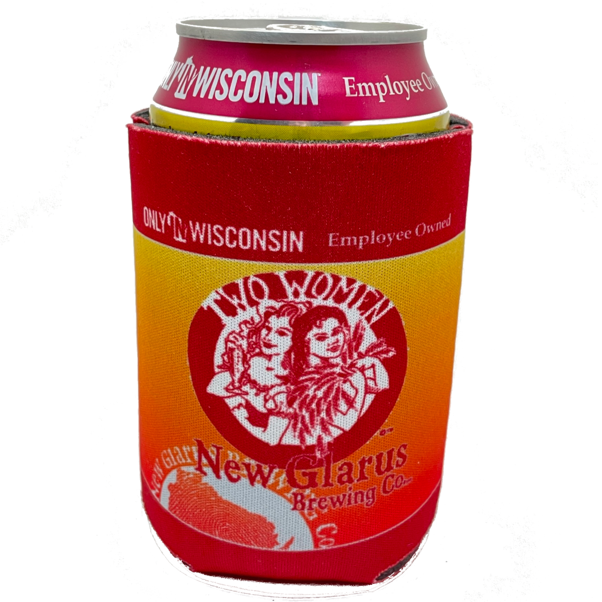 Can coozie with Two Women logo on the front with orange/yellow background and red borders.