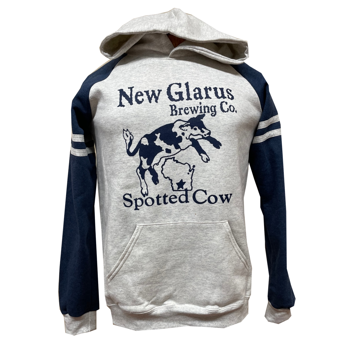 Light gery hooded sweatshirt with Navy blue raglan sleeves with two grey stripes around each sleeve. Features the Spotted Cow logo in navy blue on the front.