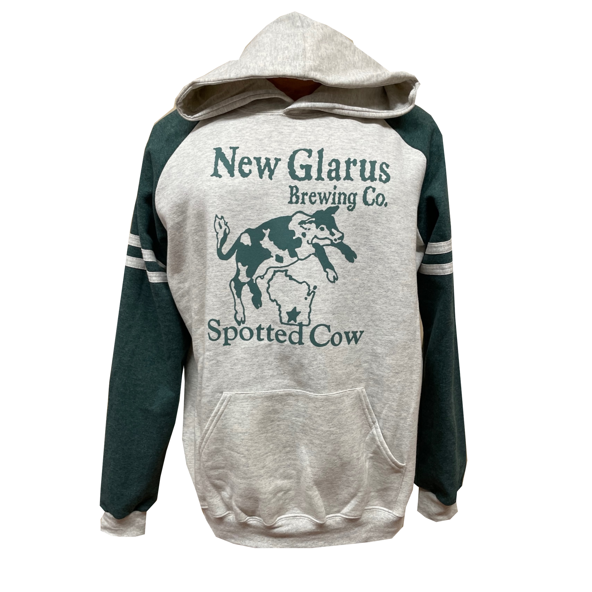 Light grey hooded sweatshirt with forest green raglan sleeves and two grey stripes around each sleeve. Features the Spotted Cow logo in greeen on the front.