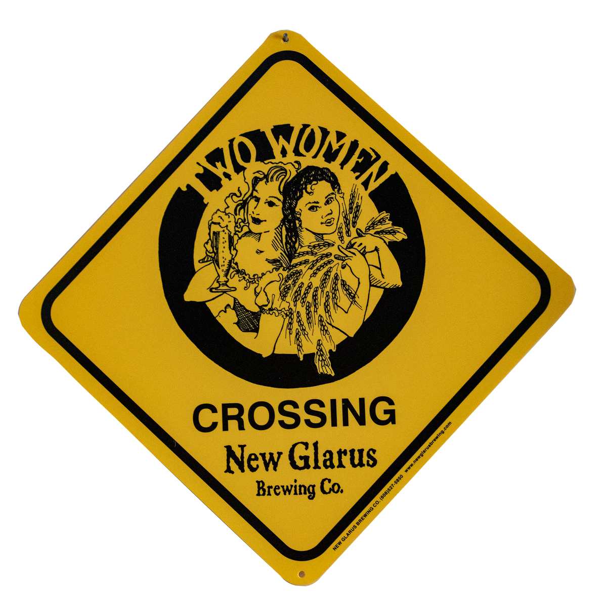 Bright yellow crossing sign with circular Two Women logo in black ink.