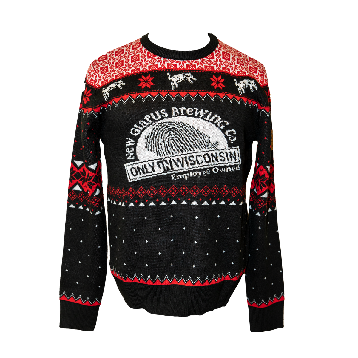 Black, red and white holiday sweater with New Glarus Brewing Co. Only in Wisconsin on the front.