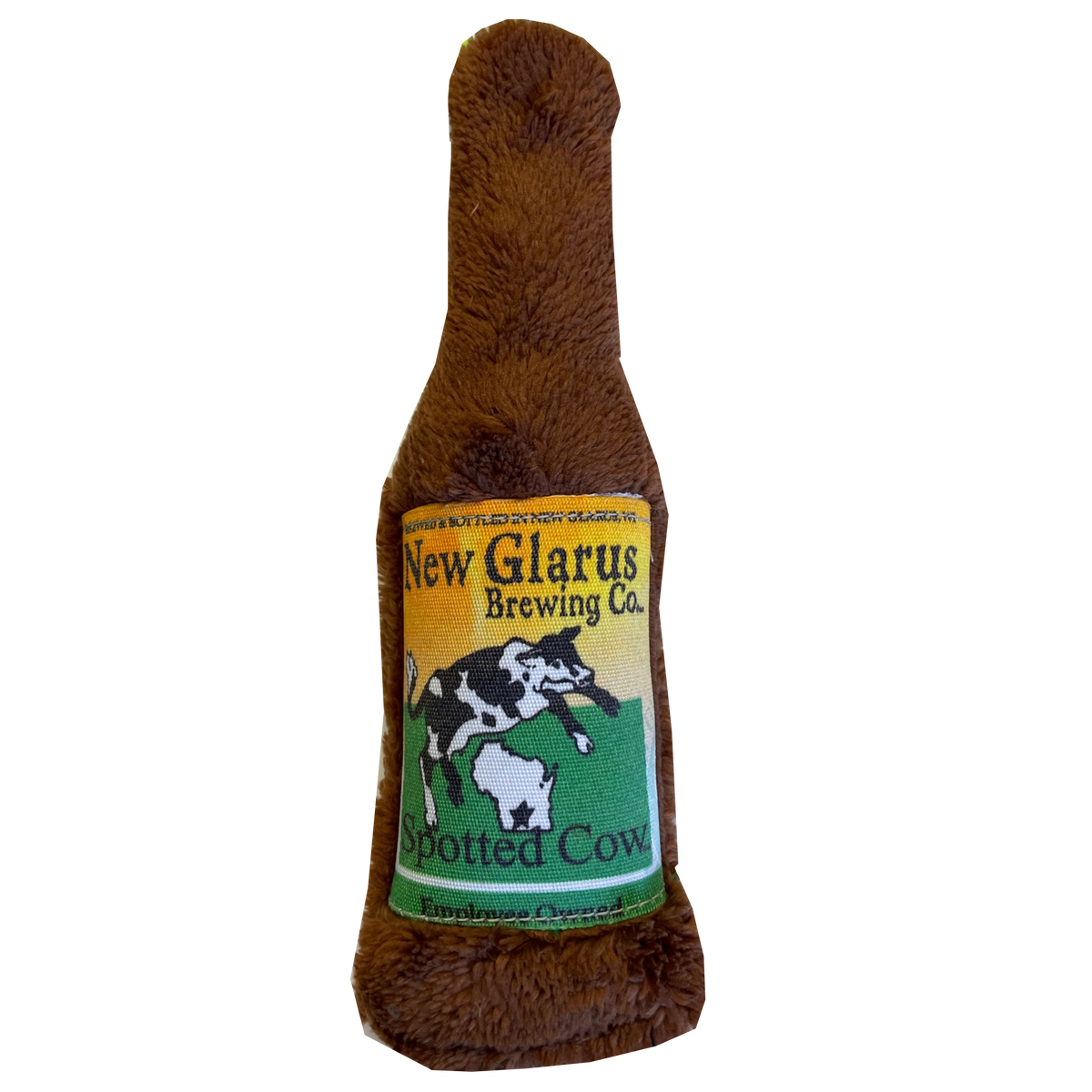 Brown plush dog toy in the shape of a bottle of beer with the Spotted Cow logo on the front.