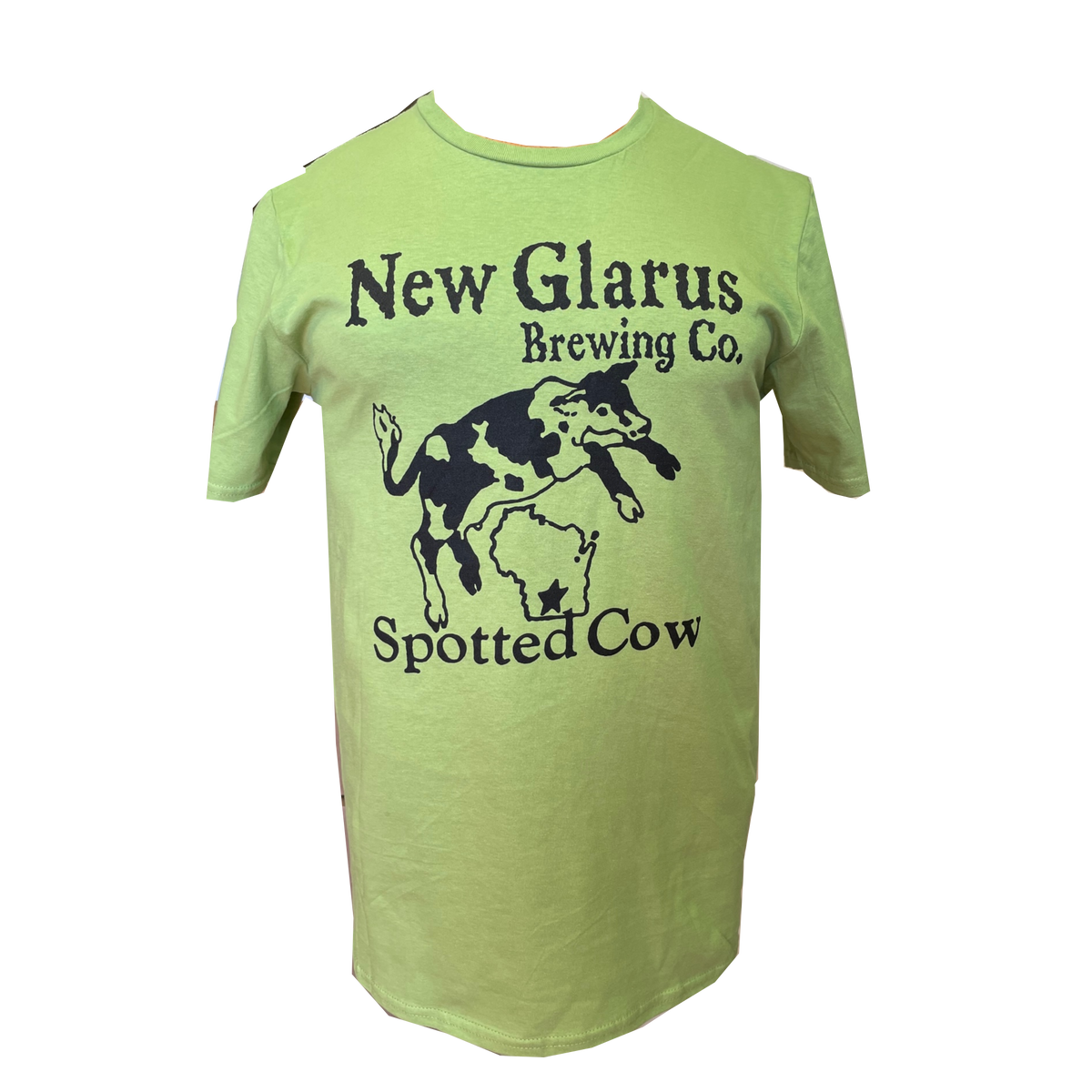 Kiwi green t-shirt with the New Glarus Brewing Co. Spotted Cow logo on the front.