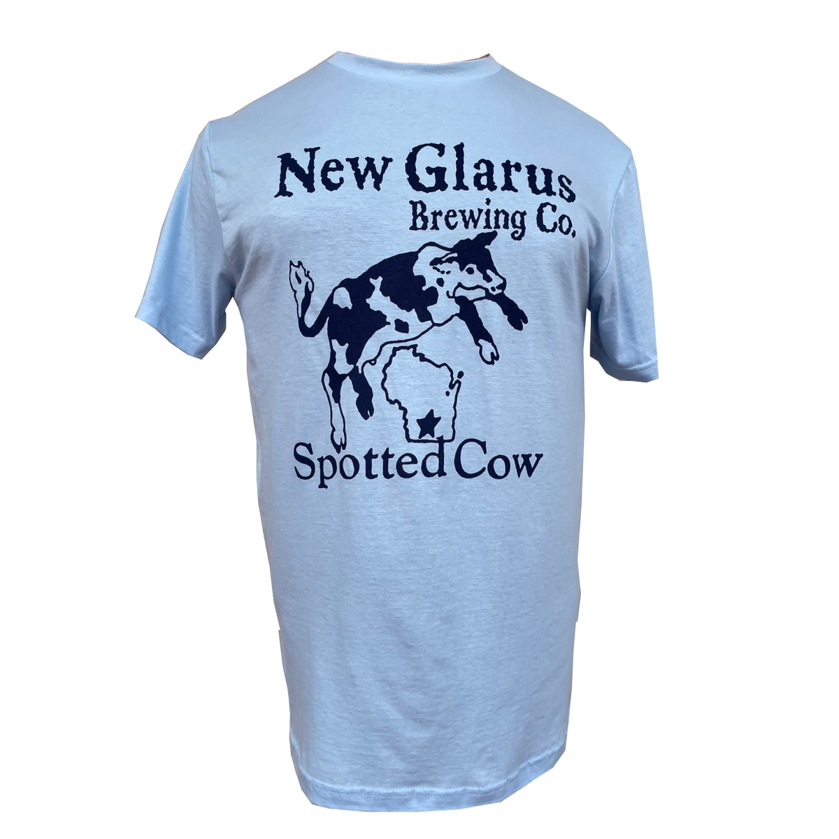 Light blue t-shirt with New Glarus Brewing Co. Spotted Cow logo in navy ink on the front.