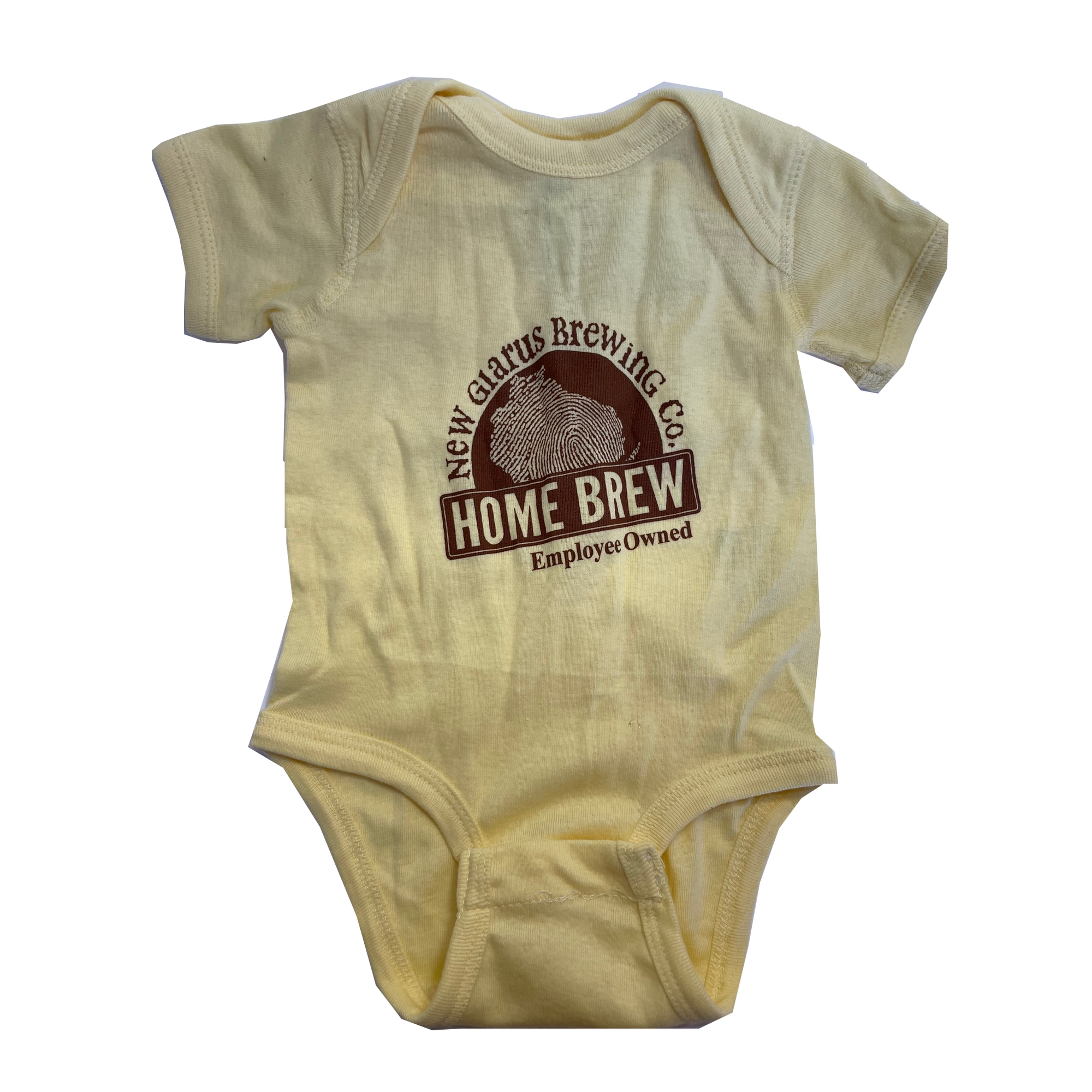 Banana baby onesie with brown New Glarus Brewery logo on front